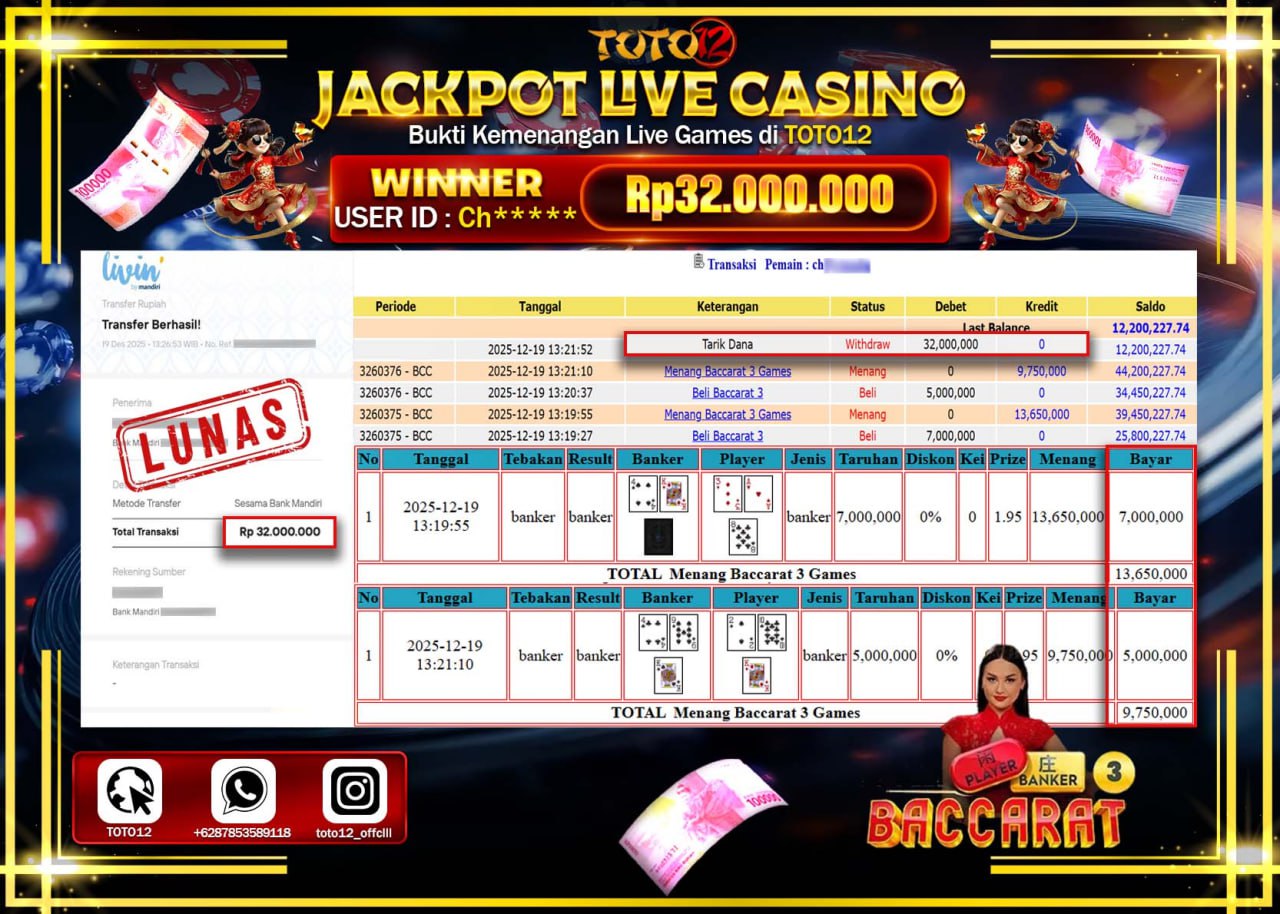 HANYA DI TOTO12 JP PASTI DI BAYAR LUNAS DAN CEPAT!!!!!! JACKPOT LIVE CASINO (BACCARAT 3) Rp.32.000.000 !!!!