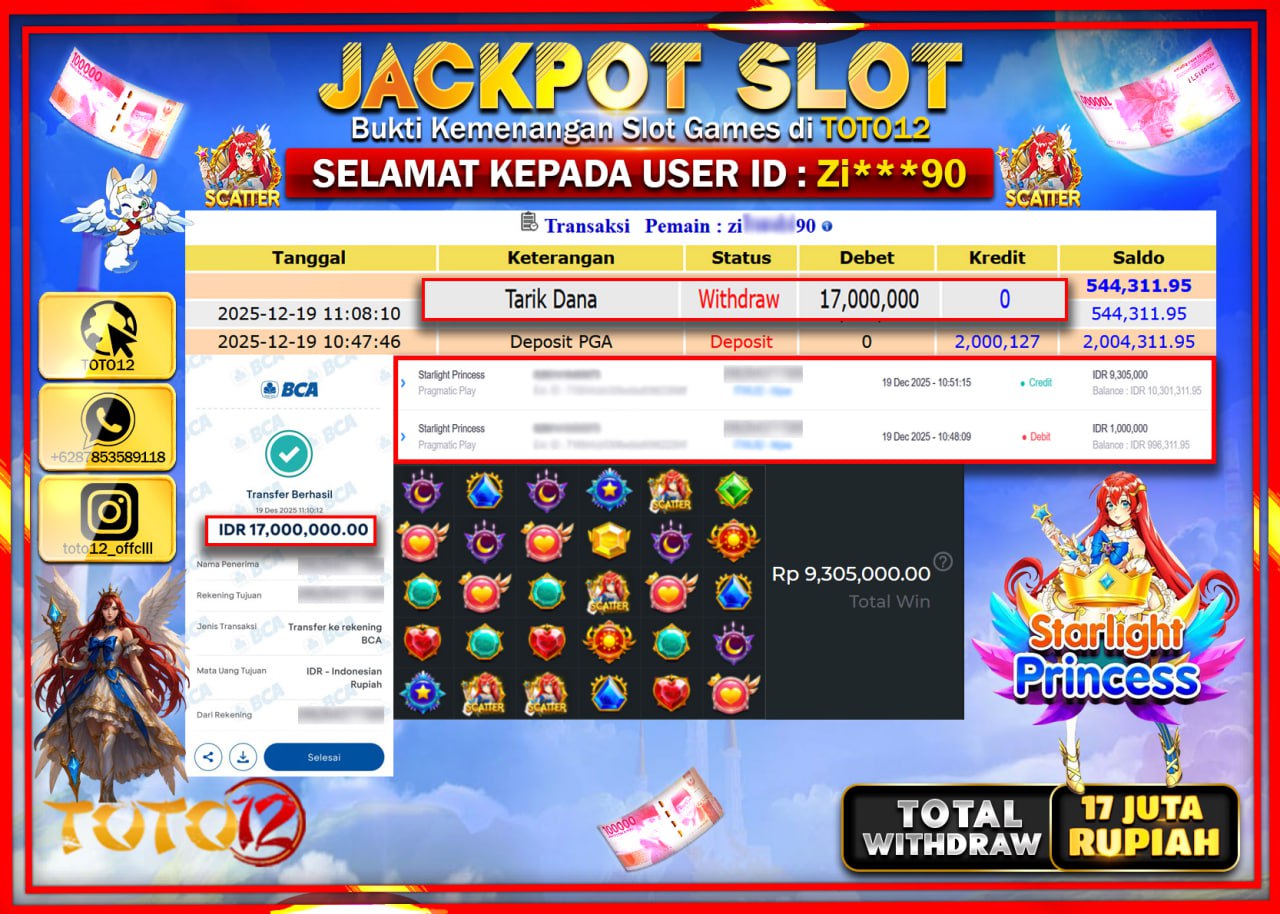 HANYA DI TOTO12 JP PASTI DI BAYAR LUNAS DAN CEPAT!!!!!! JACKPOT SLOT GAME (STARLIGHT PRINCESS) Rp.17.000.000 !!!!