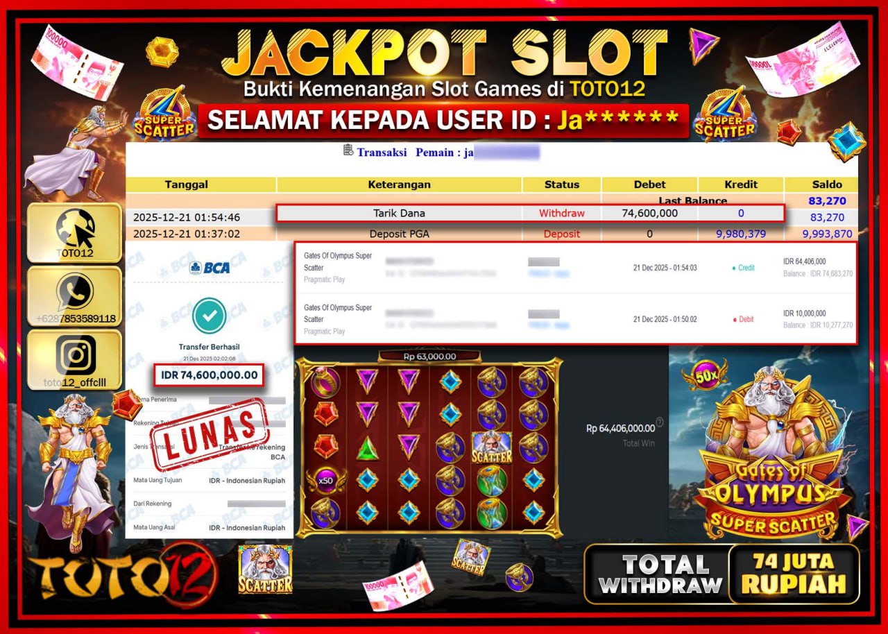 HANYA DI TOTO12 JP PASTI DI BAYAR LUNAS DAN CEPAT!!!!!! JACKPOT SLOT GAME (GATES OF OLYMPUS SUPER SCATTER) Rp.74.600.000 !!!!