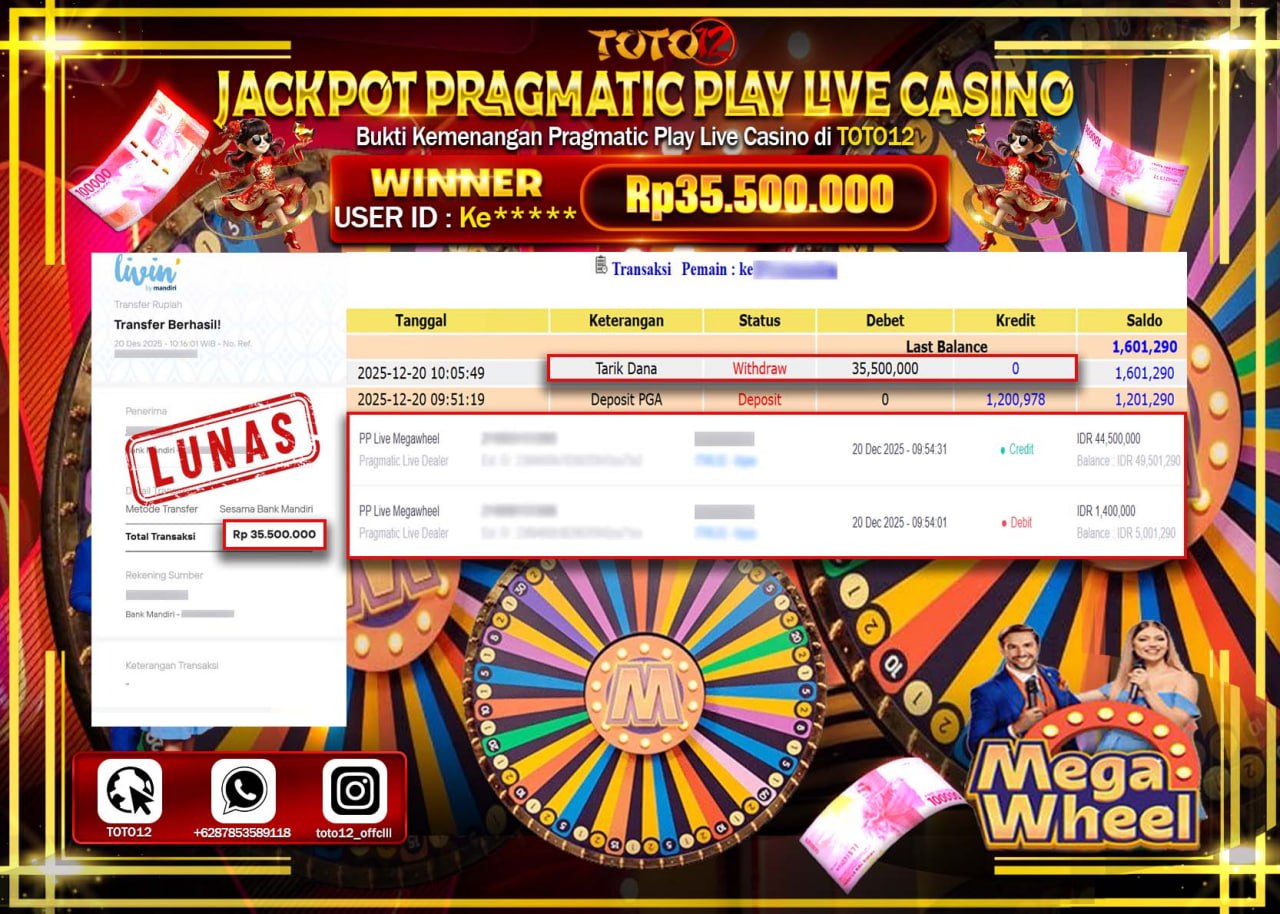 HANYA DI TOTO12 JP PASTI DI BAYAR LUNAS DAN CEPAT!!!!!! JACKPOT PRAGMATIC PLAY LIVE CASINO (MEGA WHEEL) Rp.35.500.000 !!!!