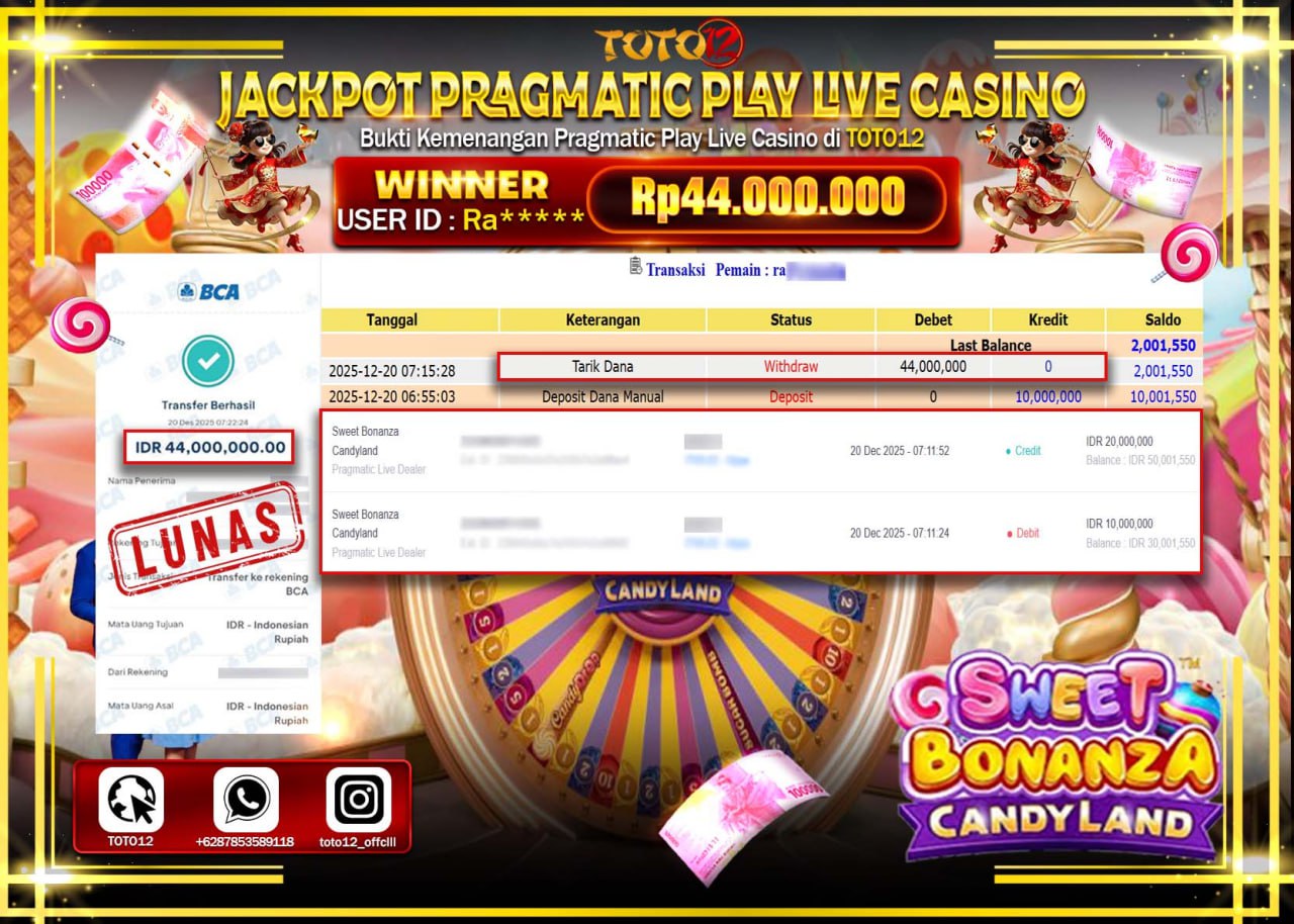 HANYA DI TOTO12 JP PASTI DI BAYAR LUNAS DAN CEPAT!!!!!! JACKPOT PRAGMATIC PLAY LIVE CASINO (SWEET BONANZA CANDYLAND) Rp.44.000.000 !!!!