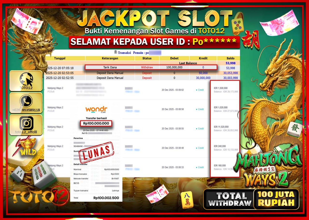 HANYA DI TOTO12 JP PASTI DI BAYAR LUNAS DAN CEPAT!!!!!! JACKPOT SLOT GAME (MAHJONG WAYS 2) Rp.100.000.000 !!!!