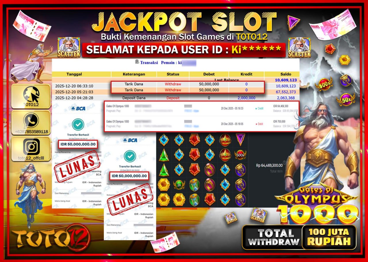 HANYA DI TOTO12 JP PASTI DI BAYAR LUNAS DAN CEPAT!!!!!! JACKPOT SLOT GAME (GATES OF OLYMPUS 1000) Rp.100.000.000 !!!!