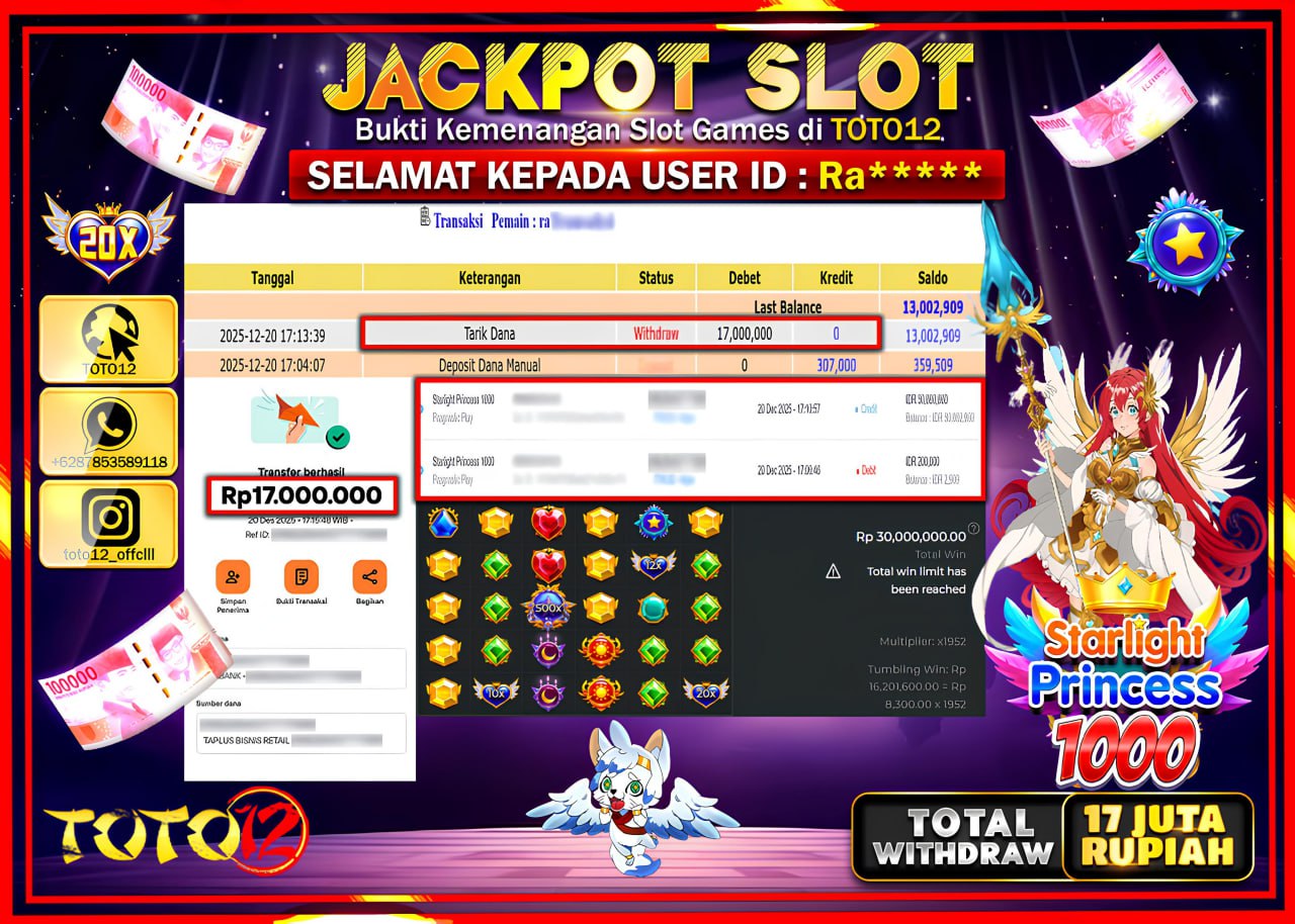 HANYA DI TOTO12 JP PASTI DI BAYAR LUNAS DAN CEPAT!!!!!! JACKPOT SLOT GAME (STARLIGHT PRINCESS 1000) Rp.17.000.000 !!!!