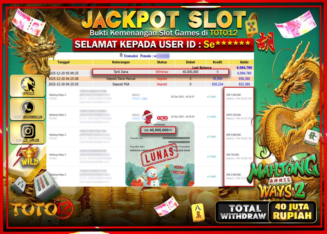 HANYA DI TOTO12 JP PASTI DI BAYAR LUNAS DAN CEPAT!!!!!! JACKPOT SLOT GAME (MAHJONG WAYS 2) Rp.40.000.000 !!!!