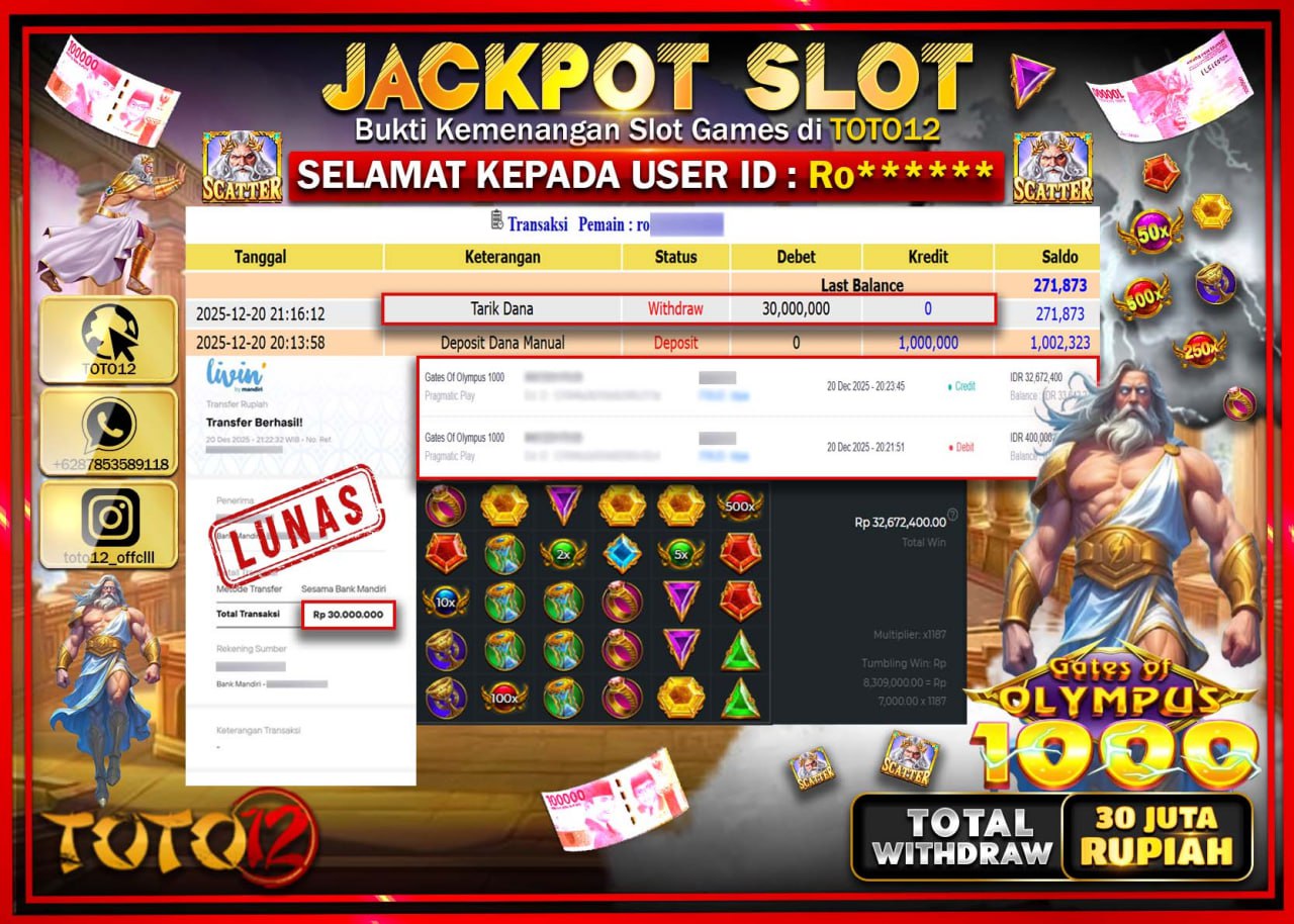 HANYA DI TOTO12 JP PASTI DI BAYAR LUNAS DAN CEPAT!!!!!! JACKPOT SLOT GAME (GATES OF OLYMPUS 1000) Rp.30.000.000 !!!!