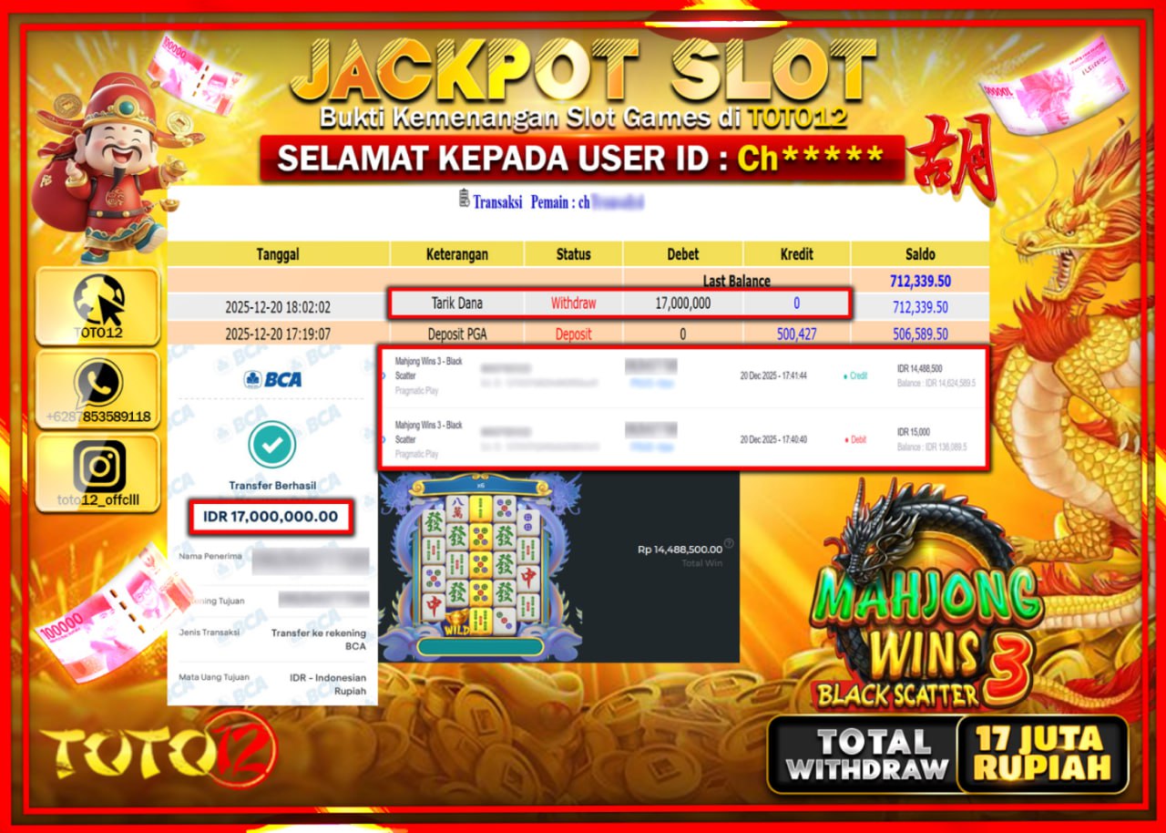 HANYA DI TOTO12 JP PASTI DI BAYAR LUNAS DAN CEPAT!!!!!! JACKPOT SLOT GAME (MAHJONG WINS 3 BLACK SCATTER) Rp.17.000.000 !!!!