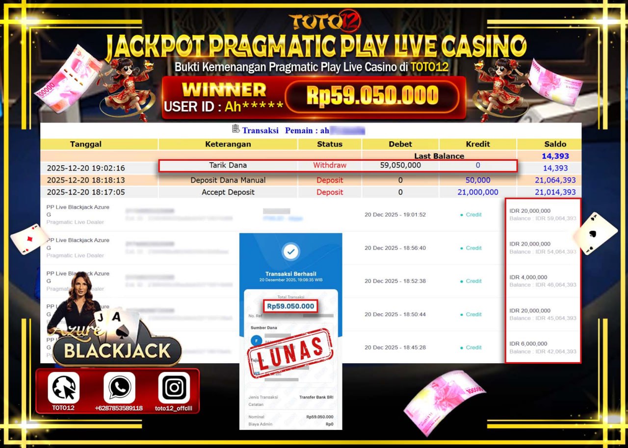 HANYA DI TOTO12 JP PASTI DI BAYAR LUNAS DAN CEPAT!!!!!! JACKPOT PRAGMATIC PLAY LIVE CASINO (BLACKJACK AZURE) Rp.59.050.000 !!!!