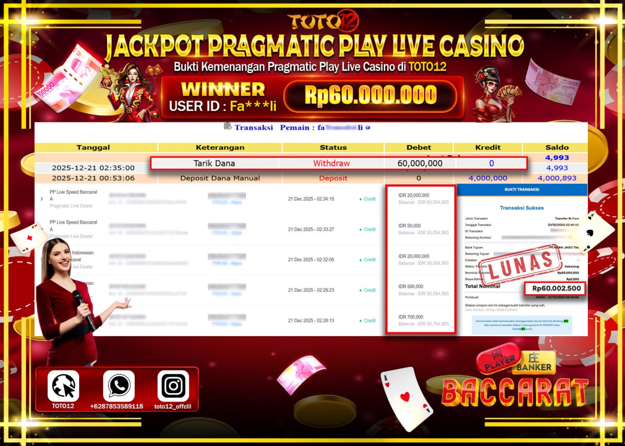 HANYA DI TOTO12 JP PASTI DI BAYAR LUNAS DAN CEPAT!!!!!! JACKPOT PRAGMATIC PLAY LIVE CASINO (SPEED BACCARAT) Rp.60.000.000 !!!!