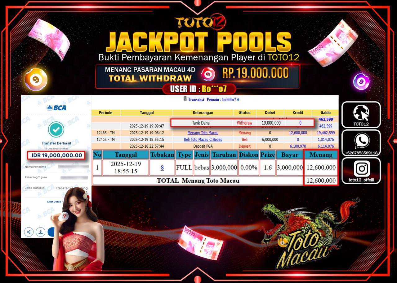 HANYA DI TOTO12 JP PASTI DI BAYAR LUNAS DAN CEPAT!!!!!! JACKPOT POOLS PASARAN (MACAU 4D) Rp.19.000.000 !!!!