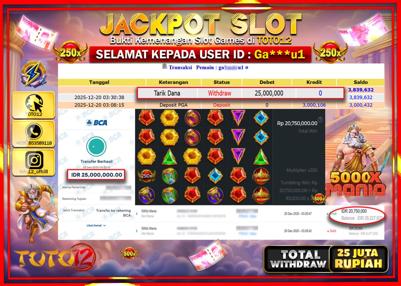 HANYA DI TOTO12 JP PASTI DI BAYAR LUNAS DAN CEPAT!!!!!! JACKPOT SLOT GAME (5000X MANIA) Rp.25.000.000 !!!!