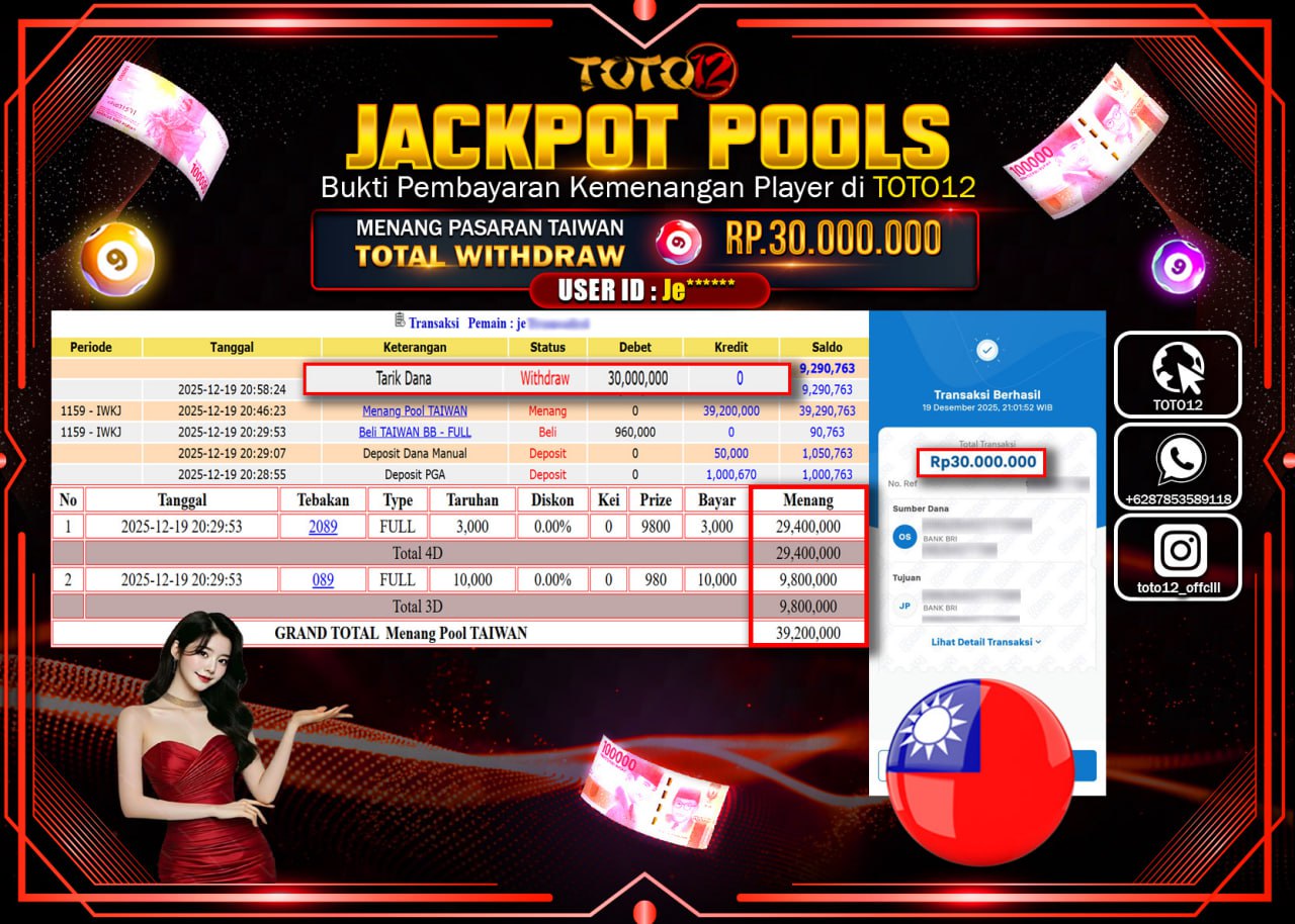HANYA DI TOTO12 JP PASTI DI BAYAR LUNAS DAN CEPAT!!!!!! JACKPOT POOLS PASARAN (TAIWAN) Rp.30.000.000 !!!!