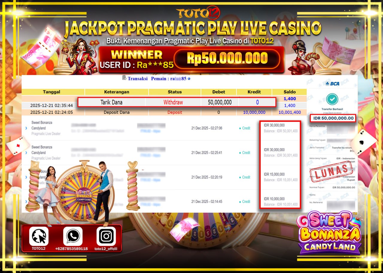 HANYA DI TOTO12 JP PASTI DI BAYAR LUNAS DAN CEPAT!!!!!! JACKPOT PRAGMATIC PLAY LIVE CASINO (SWEET BONANZA CANDYLAND) Rp.50.000.000 !!!!