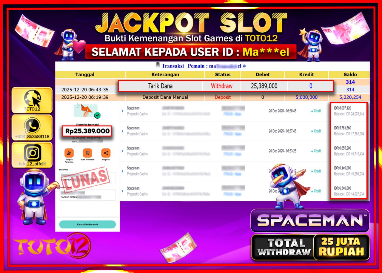 HANYA DI TOTO12 JP PASTI DI BAYAR LUNAS DAN CEPAT!!!!!! JACKPOT SLOT GAME (SPACEMAN) Rp.25.389.000 !!!!