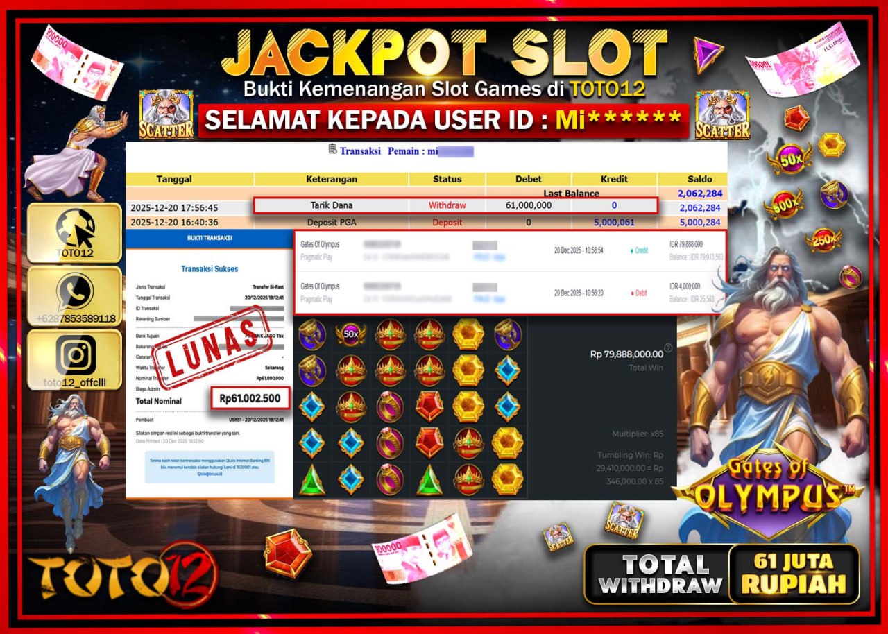 HANYA DI TOTO12 JP PASTI DI BAYAR LUNAS DAN CEPAT!!!!!! JACKPOT SLOT GAME (GATES OF OLYMPUS) Rp.61.000.000 !!!!