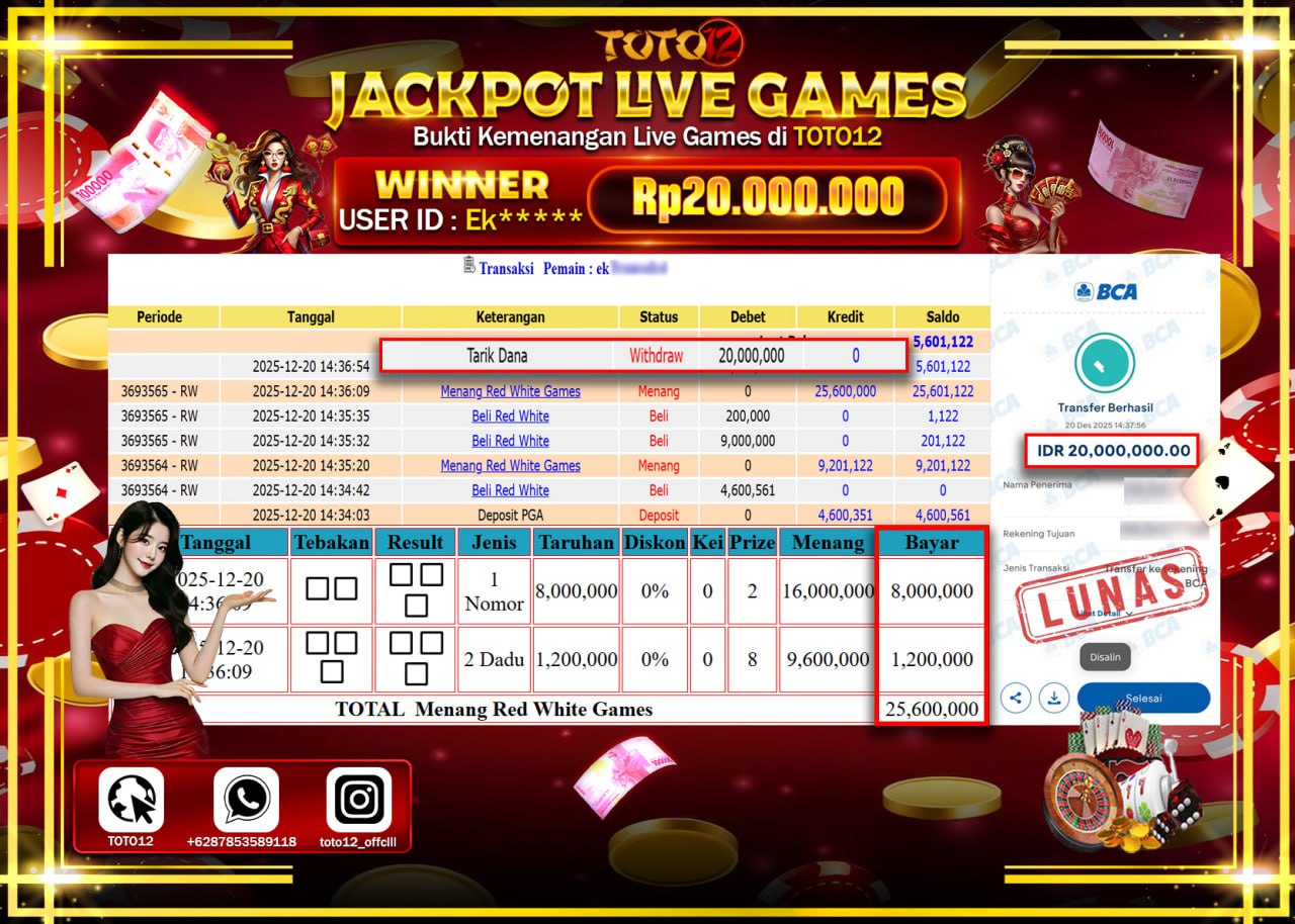 HANYA DI TOTO12 JP PASTI DI BAYAR LUNAS DAN CEPAT!!!!!! JACKPOT LIVE GAMES (RED WHITE) Rp.20.000.000 !!!!