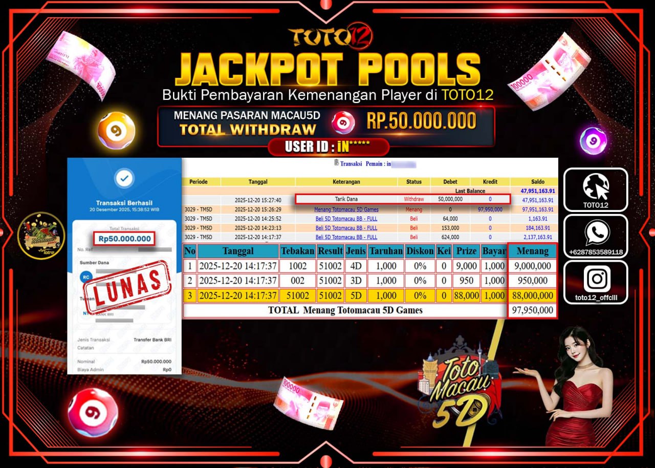 HANYA DI TOTO12 JP PASTI DI BAYAR LUNAS DAN CEPAT!!!!!! JACKPOT POOLS PASARAN (MACAU 5D) Rp.50.000.000 !!!!