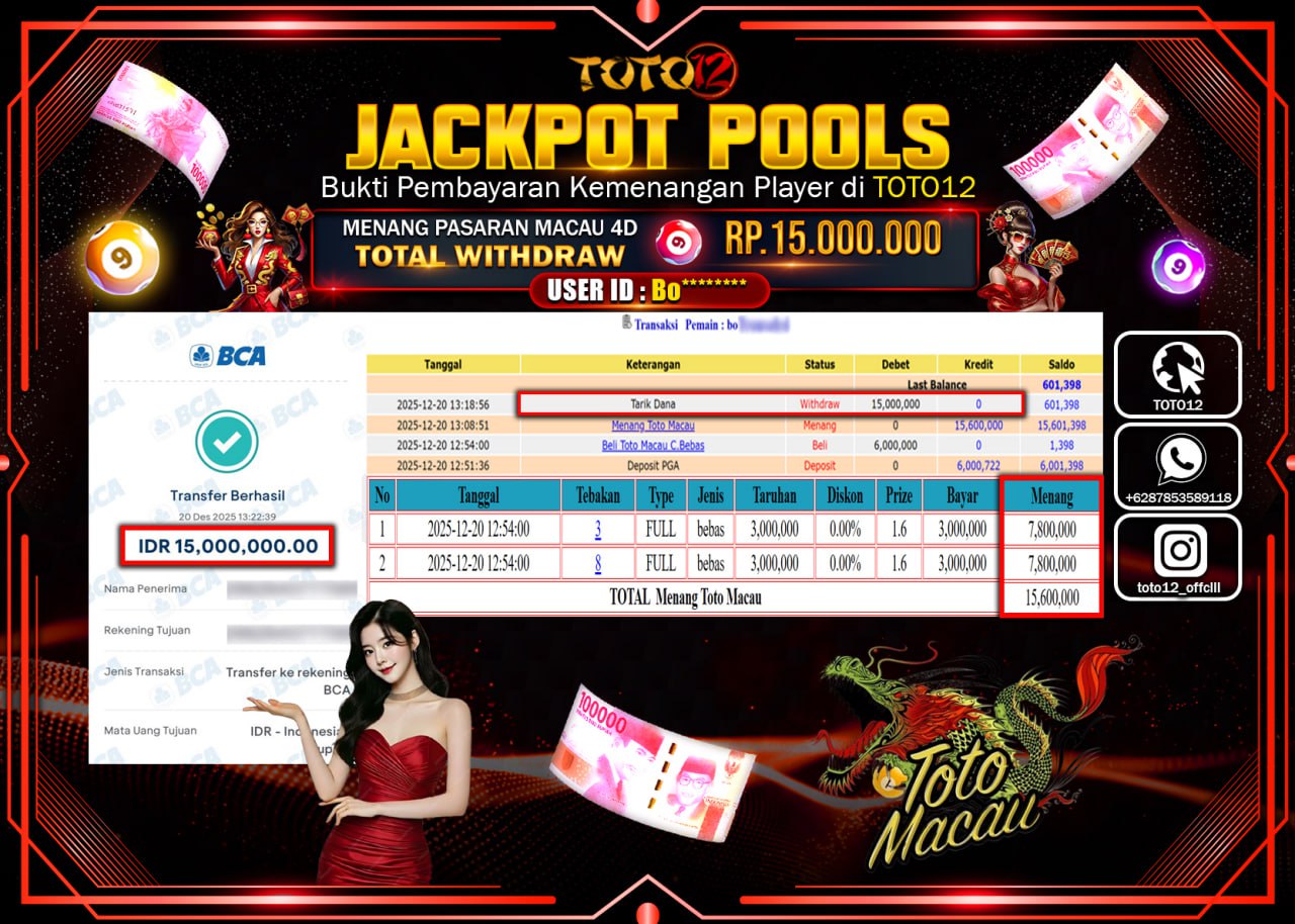 HANYA DI TOTO12 JP PASTI DI BAYAR LUNAS DAN CEPAT!!!!!! JACKPOT POOLS PASARAN (MACAU 4D) Rp.15.000.000 !!!!