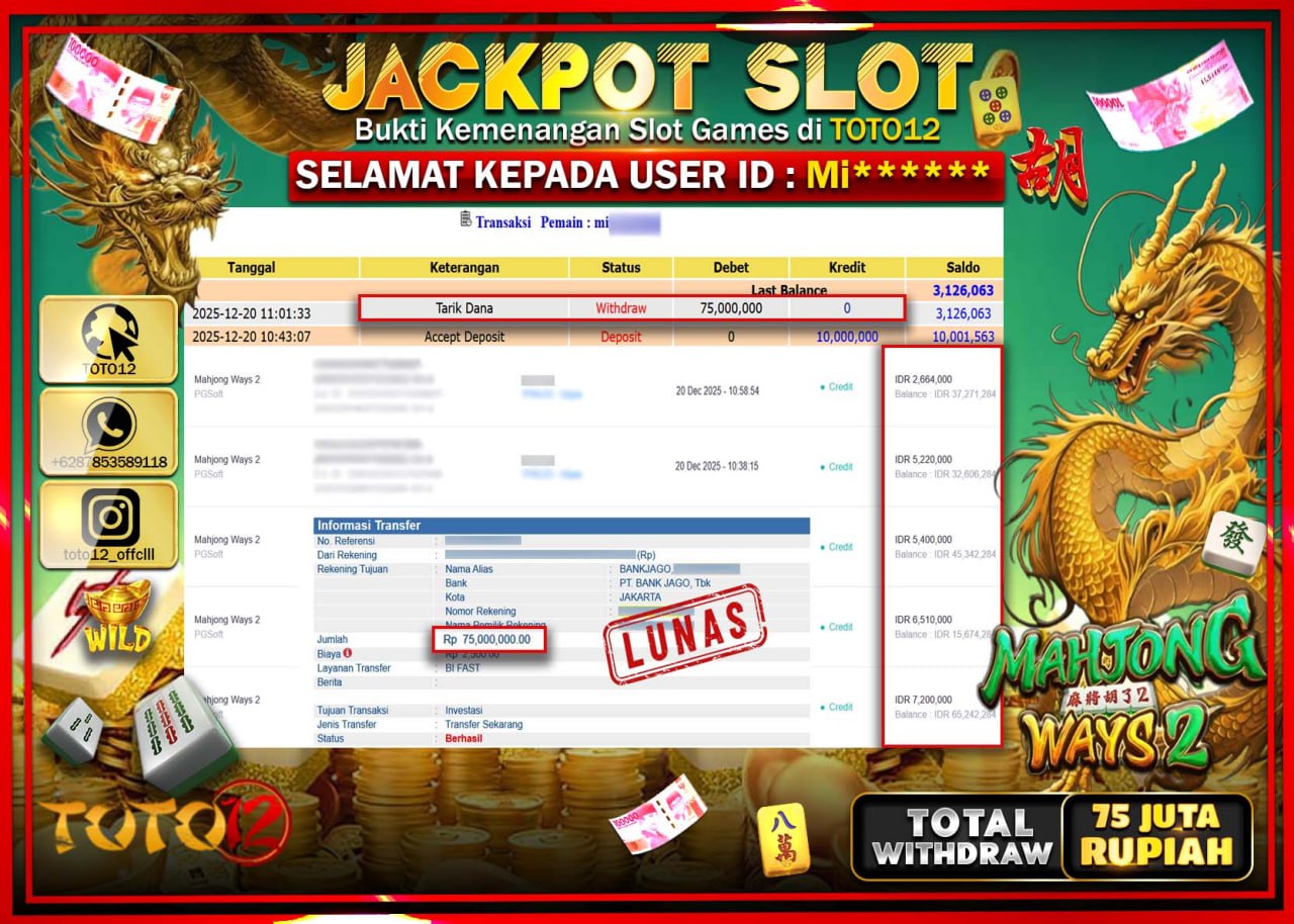HANYA DI TOTO12 JP PASTI DI BAYAR LUNAS DAN CEPAT!!!!!! JACKPOT SLOT GAME (MAHJONG WAYS 2) Rp.75.000.000 !!!!