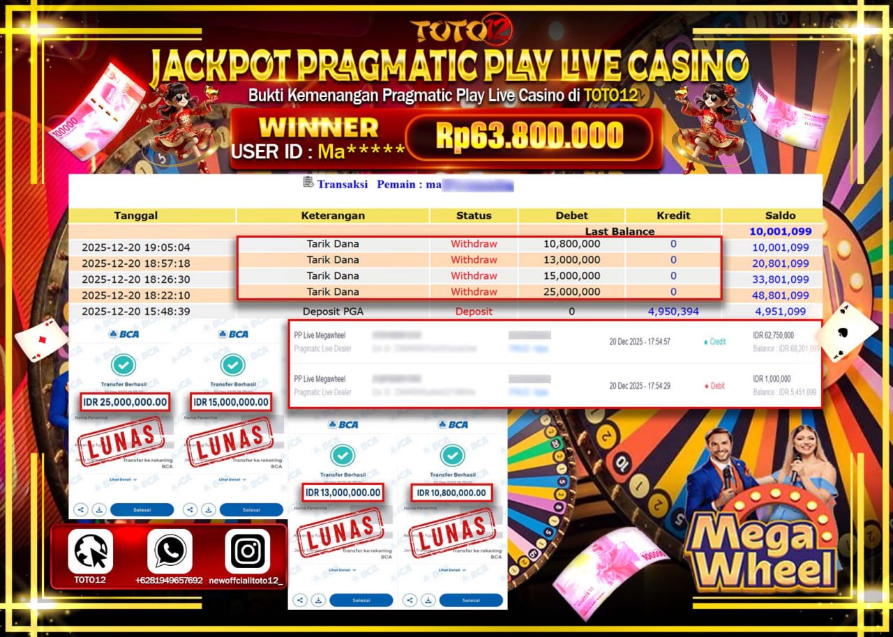 HANYA DI TOTO12 JP PASTI DI BAYAR LUNAS DAN CEPAT!!!!!! JACKPOT PRAGMATIC PLAY LIVE CASINO (MEGA WHEEL) Rp.63.800.000 !!!!