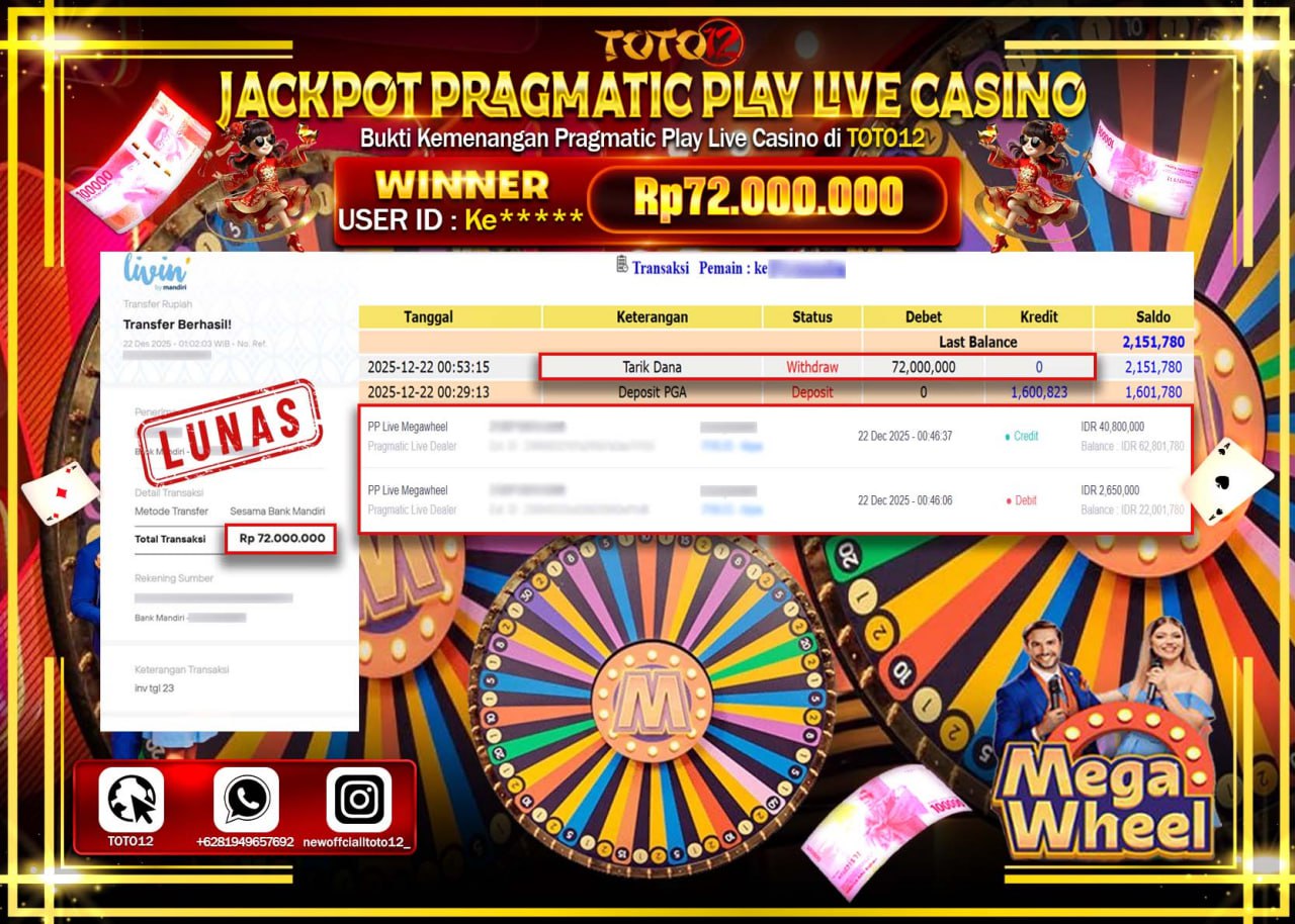 HANYA DI TOTO12 JP PASTI DI BAYAR LUNAS DAN CEPAT!!!!!! JACKPOT PRAGMATIC PLAY LIVE CASINO (MEGA WHEEL) Rp.72.000.000 !!!!