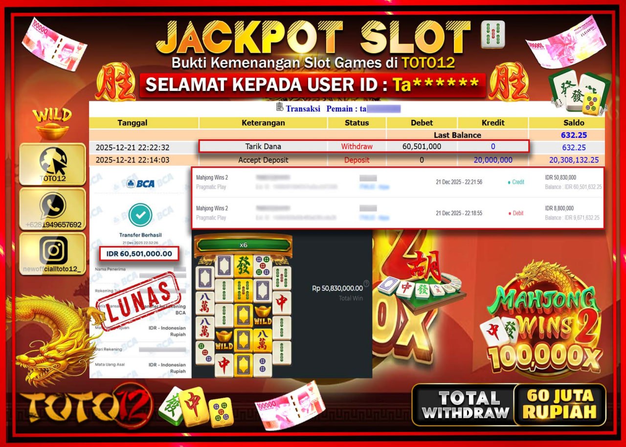HANYA DI TOTO12 JP PASTI DI BAYAR LUNAS DAN CEPAT!!!!!! JACKPOT SLOT GAME (MAHJONG WINS 2) Rp.60.501.000 !!!!