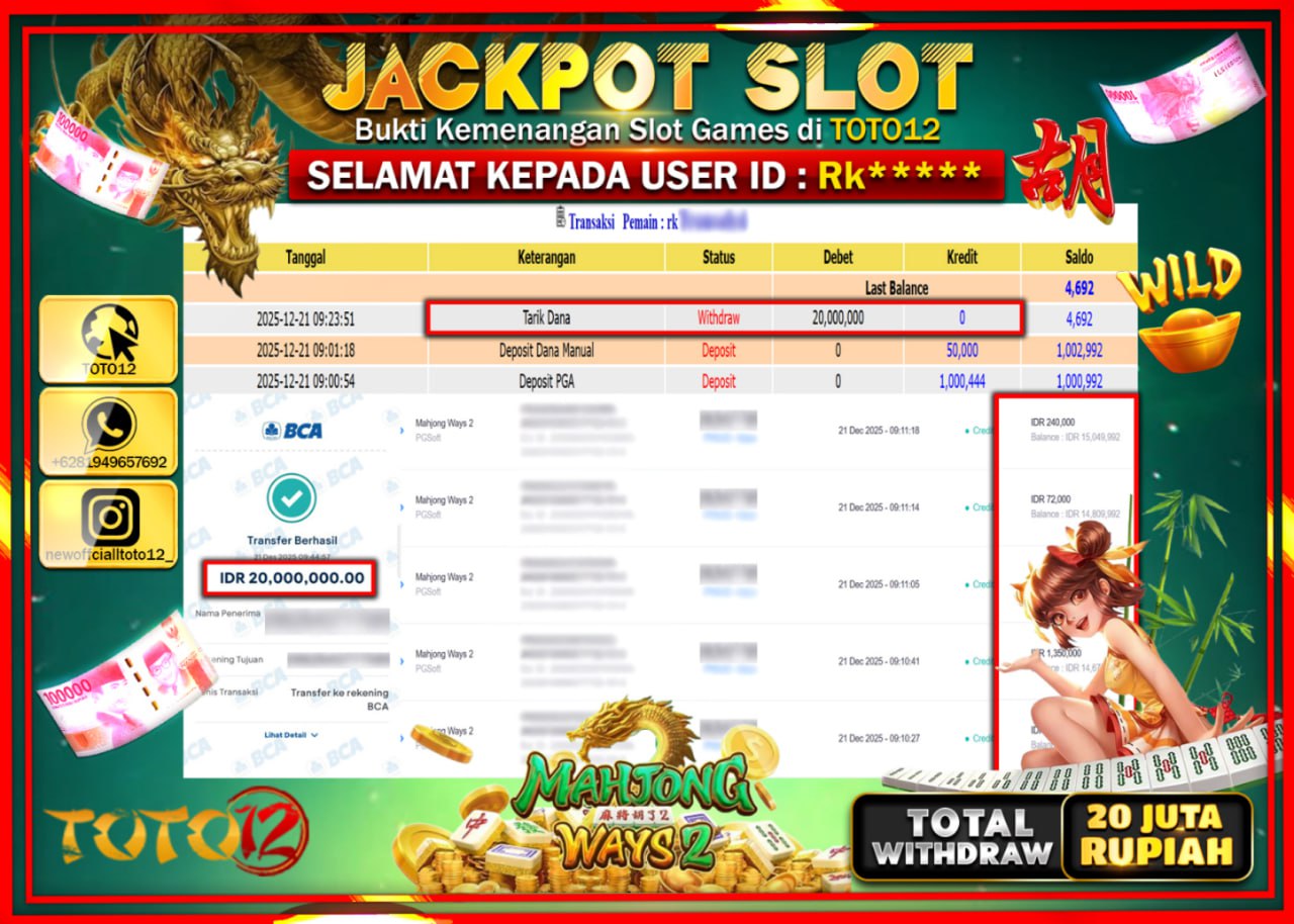 HANYA DI TOTO12 JP PASTI DI BAYAR LUNAS DAN CEPAT!!!!!! JACKPOT SLOT GAME (MAHJONG WAYS 2) Rp.20.000.000 !!!!