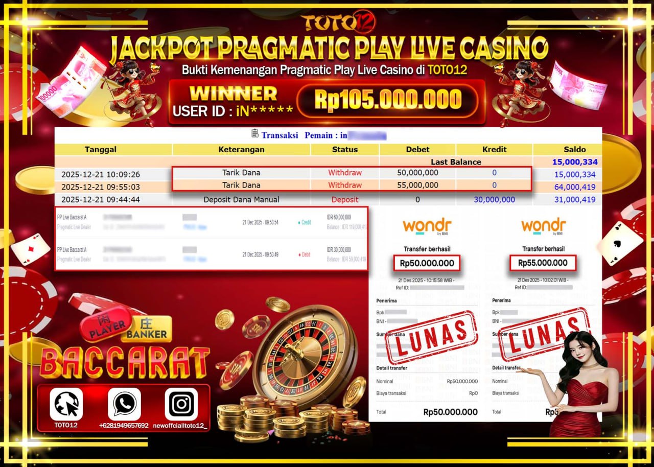 HANYA DI TOTO12 JP PASTI DI BAYAR LUNAS DAN CEPAT!!!!!! JACKPOT PRAGMATIC PLAY LIVE CASINO (BACCARAT) Rp.105.000.000 !!!!
