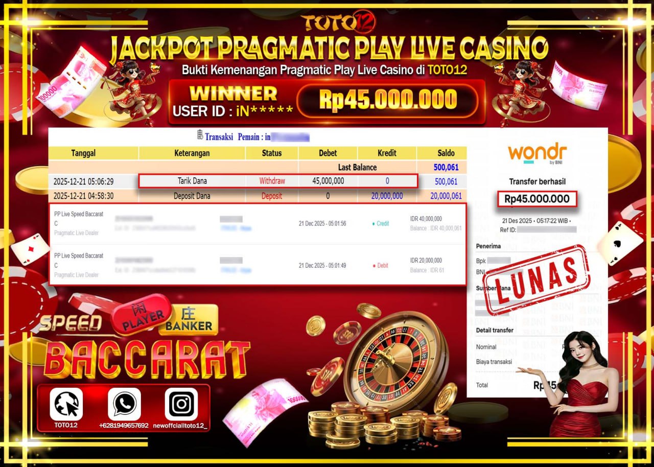 HANYA DI TOTO12 JP PASTI DI BAYAR LUNAS DAN CEPAT!!!!!! JACKPOT PRAGMATIC PLAY LIVE CASINO (SPEED BACCARAT) Rp.45.000.000 !!!!