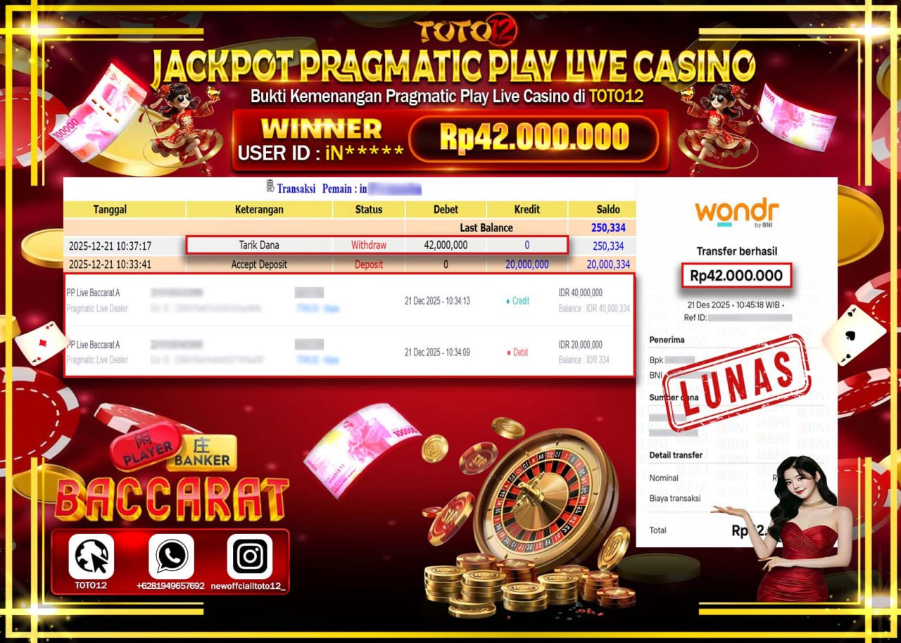 HANYA DI TOTO12 JP PASTI DI BAYAR LUNAS DAN CEPAT!!!!!! JACKPOT PRAGMATIC PLAY LIVE CASINO (BACCARAT) Rp.42.000.000 !!!!