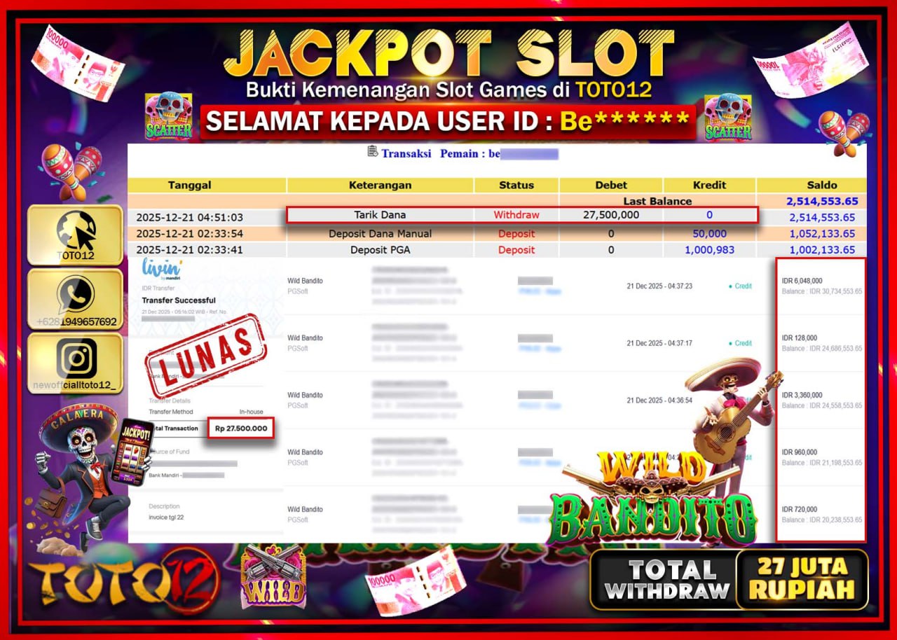 HANYA DI TOTO12 JP PASTI DI BAYAR LUNAS DAN CEPAT!!!!!! JACKPOT SLOT GAME (WILD BANDITO) Rp.27.500.000 !!!!