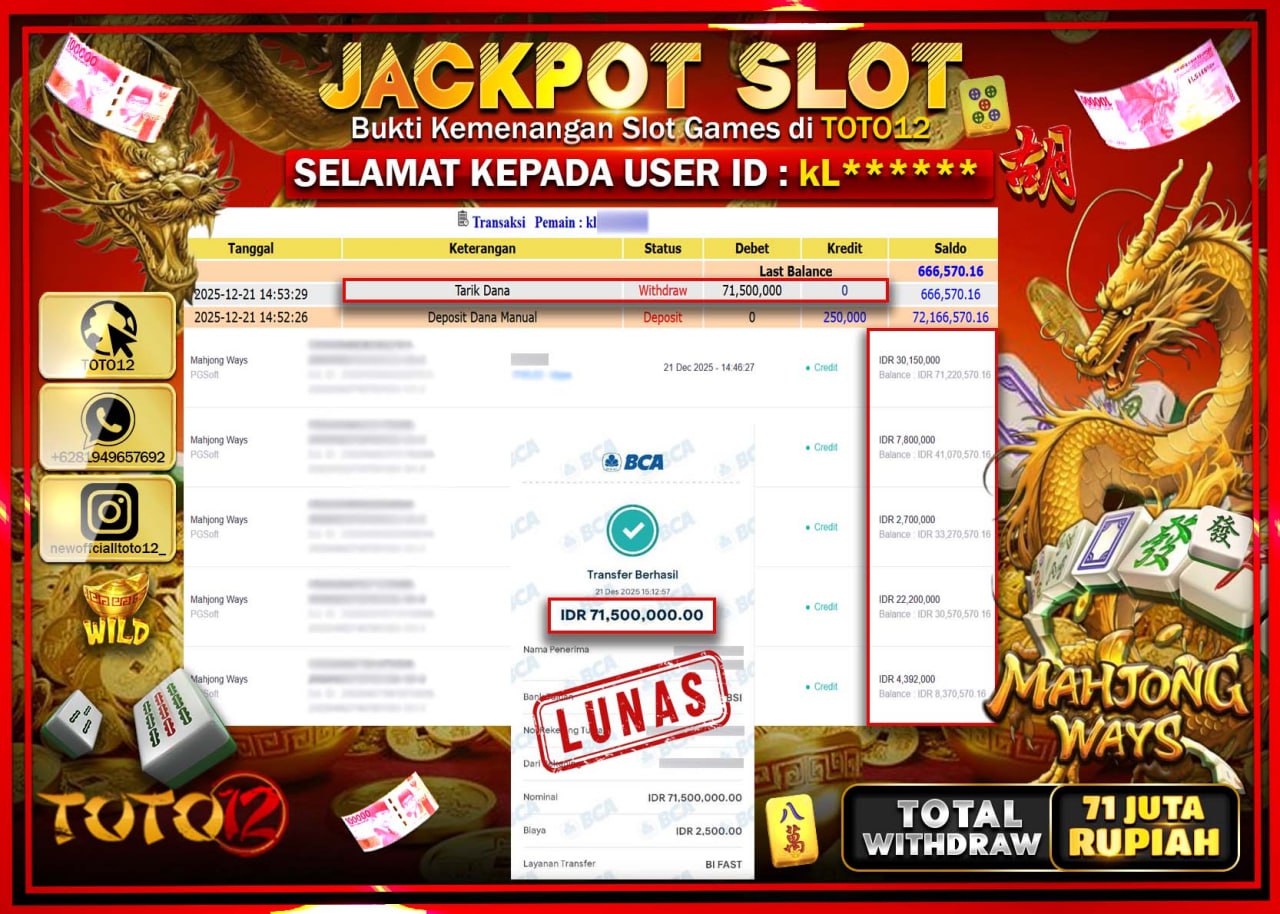 HANYA DI TOTO12 JP PASTI DI BAYAR LUNAS DAN CEPAT!!!!!! JACKPOT SLOT GAME (MAHJONG WAYS) Rp.71.500.000 !!!!