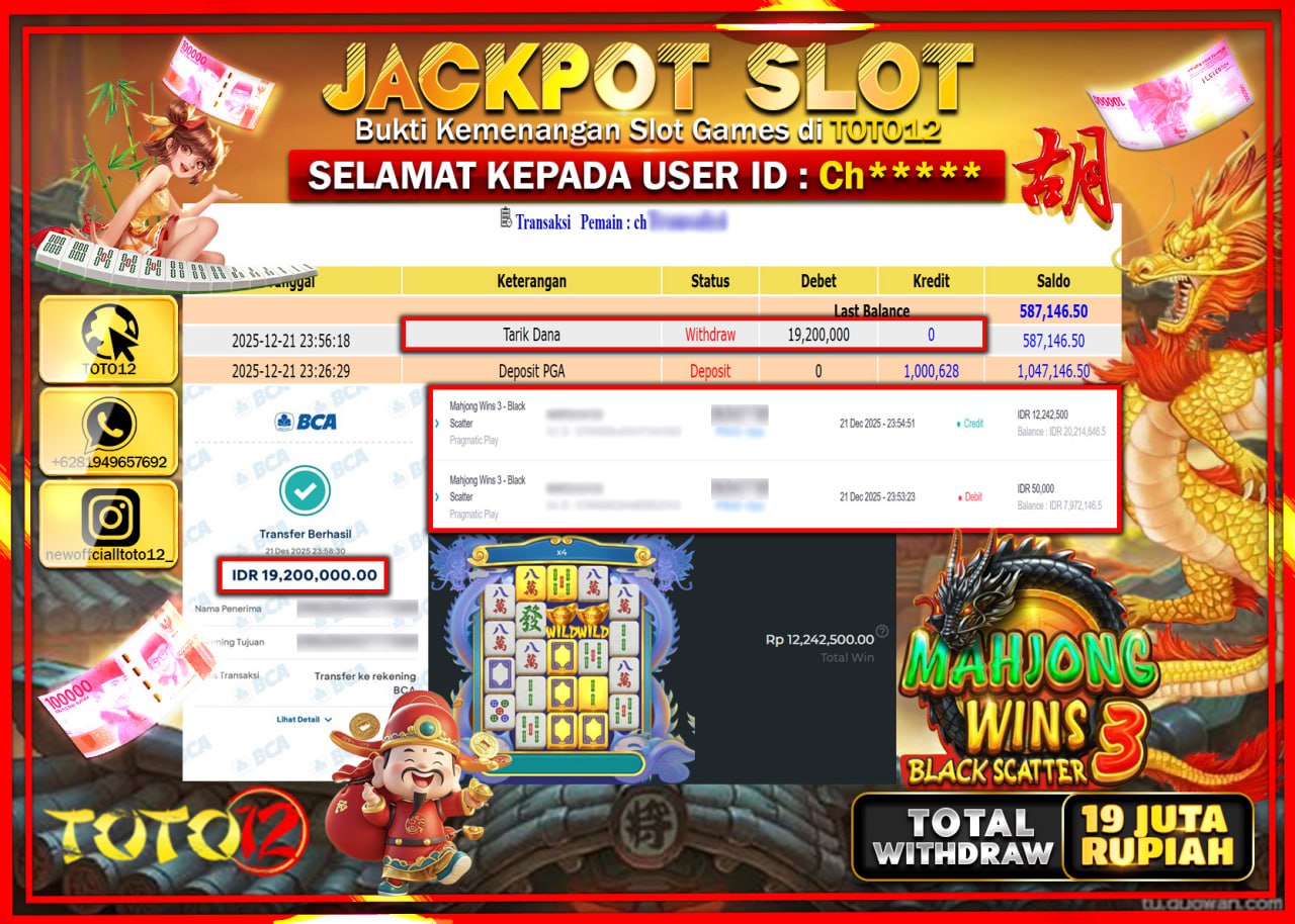 HANYA DI TOTO12 JP PASTI DI BAYAR LUNAS DAN CEPAT!!!!!! JACKPOT SLOT GAME (MAHJONG WINS 3 BLACK SCATTER) Rp.19.200.000 !!!!