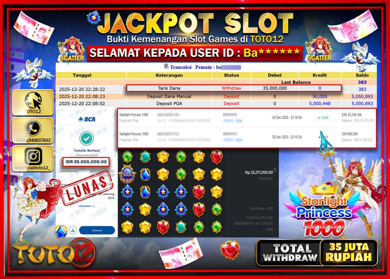 HANYA DI TOTO12 JP PASTI DI BAYAR LUNAS DAN CEPAT!!!!!! JACKPOT SLOT GAME (STARLIGHT PRINCESS 1000) Rp.35.000.000 !!!!