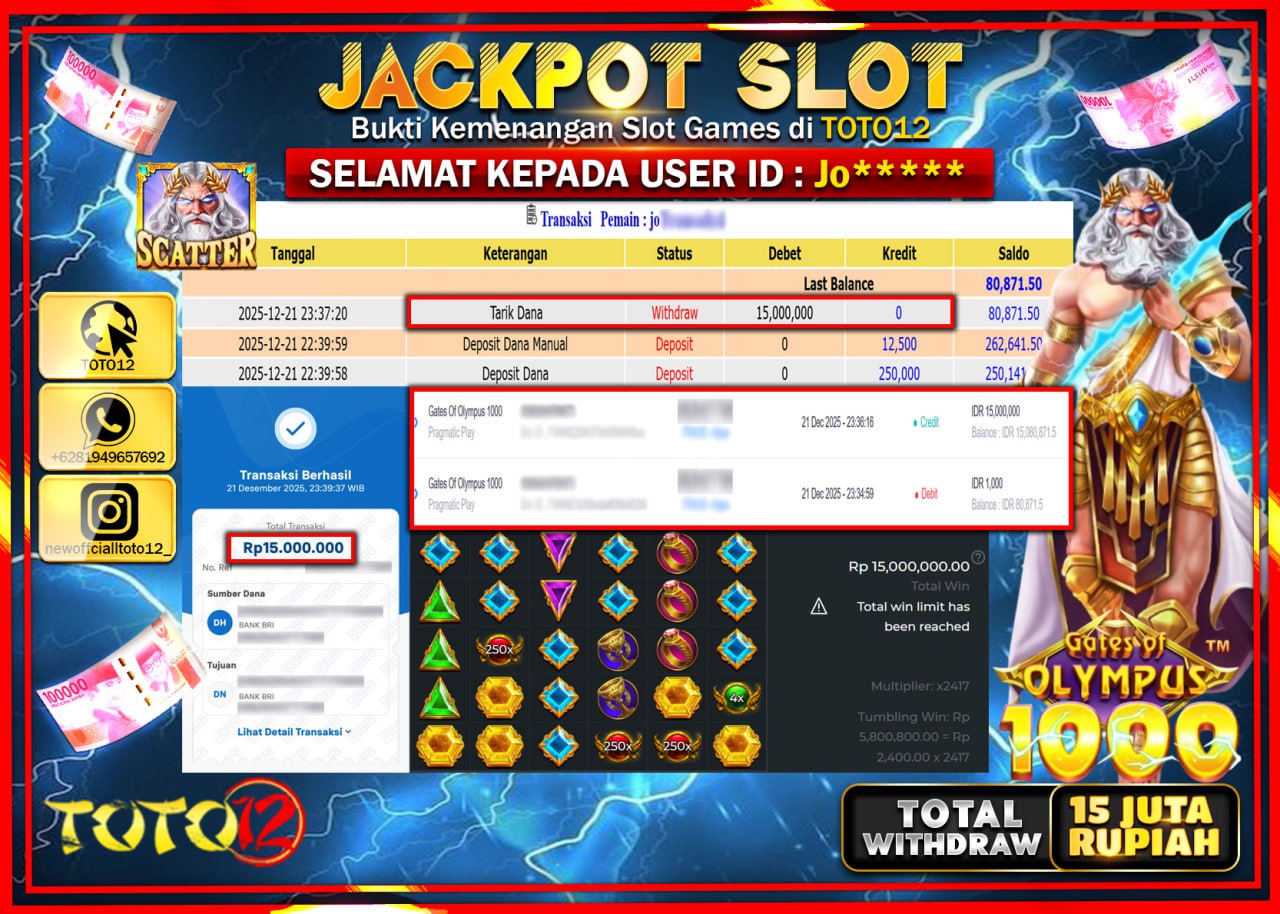 HANYA DI TOTO12 JP PASTI DI BAYAR LUNAS DAN CEPAT!!!!!! JACKPOT SLOT GAME (GATES OF OLYMPUS 1000) Rp.15.000.000 !!!!