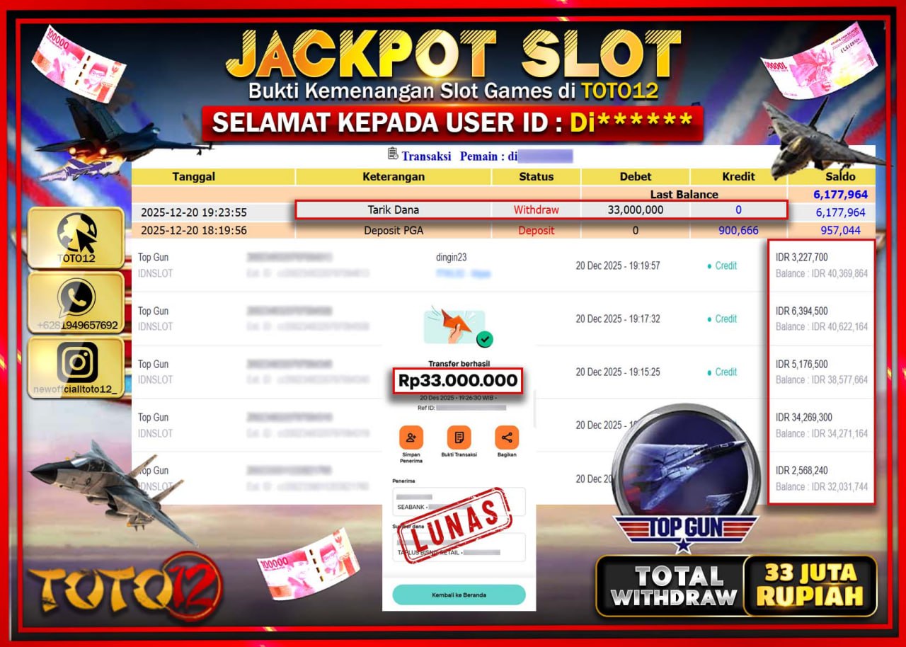 HANYA DI TOTO12 JP PASTI DI BAYAR LUNAS DAN CEPAT!!!!!! JACKPOT SLOT GAME (TOP GUN) Rp.33.000.000 !!!!
