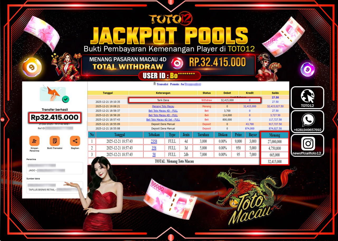 HANYA DI TOTO12 JP PASTI DI BAYAR LUNAS DAN CEPAT!!!!!! JACKPOT POOLS PASARAN (MACAU 4D) Rp.32.415.000 !!!!
