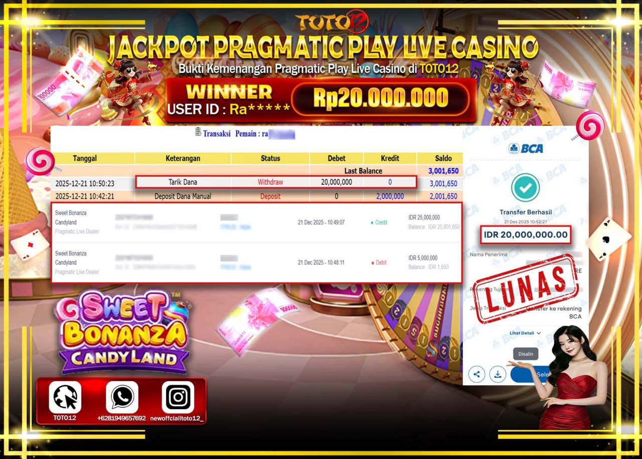 HANYA DI TOTO12 JP PASTI DI BAYAR LUNAS DAN CEPAT!!!!!! JACKPOT PRAGMATIC PLAY LIVE CASINO (SWEET BONANZA CANDYLAND) Rp.20.000.000 !!!!