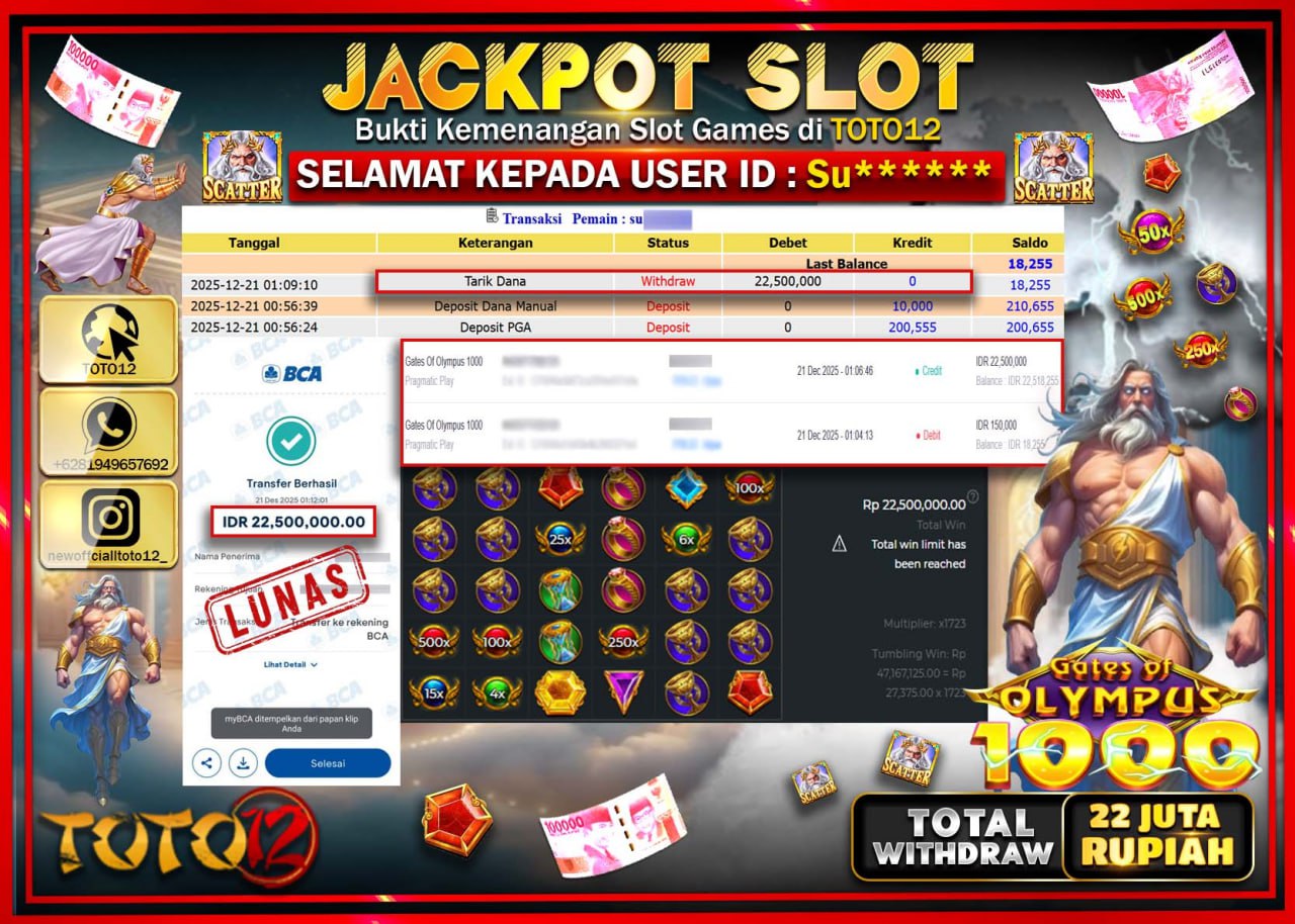 HANYA DI TOTO12 JP PASTI DI BAYAR LUNAS DAN CEPAT!!!!!! JACKPOT SLOT GAME (GATES OF OLYMPUS 1000) Rp.22.500.000 !!!!