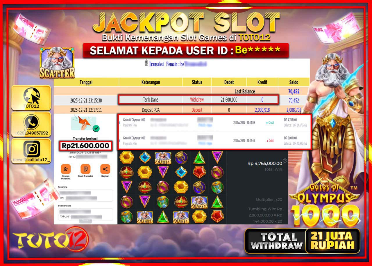 HANYA DI TOTO12 JP PASTI DI BAYAR LUNAS DAN CEPAT!!!!!! JACKPOT SLOT GAME (GATES OF OLYMPUS 1000) Rp.21.600.000 !!!!