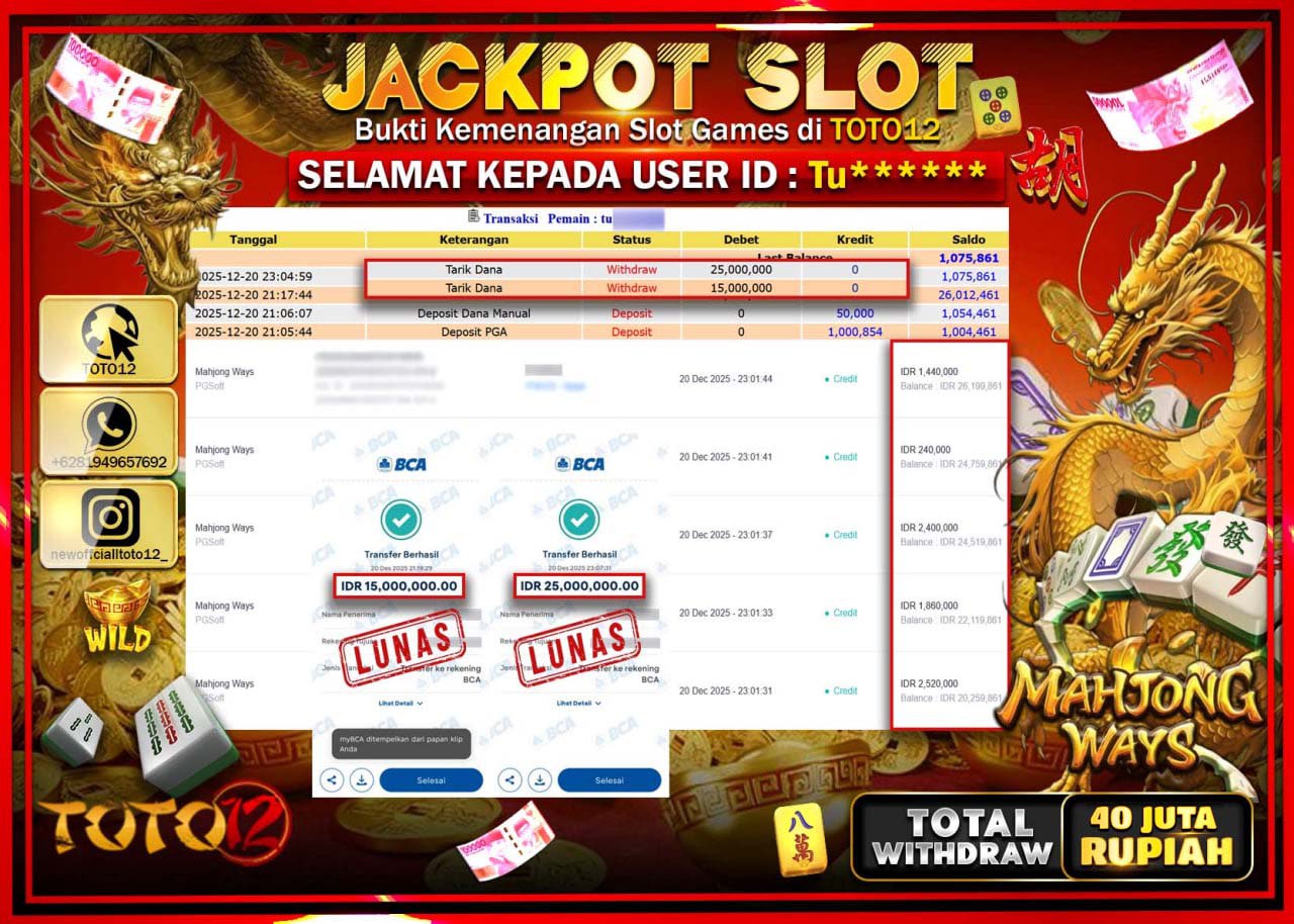 HANYA DI TOTO12 JP PASTI DI BAYAR LUNAS DAN CEPAT!!!!!! JACKPOT SLOT GAME (MAHJONG WAYS) Rp.40.000.000 !!!!