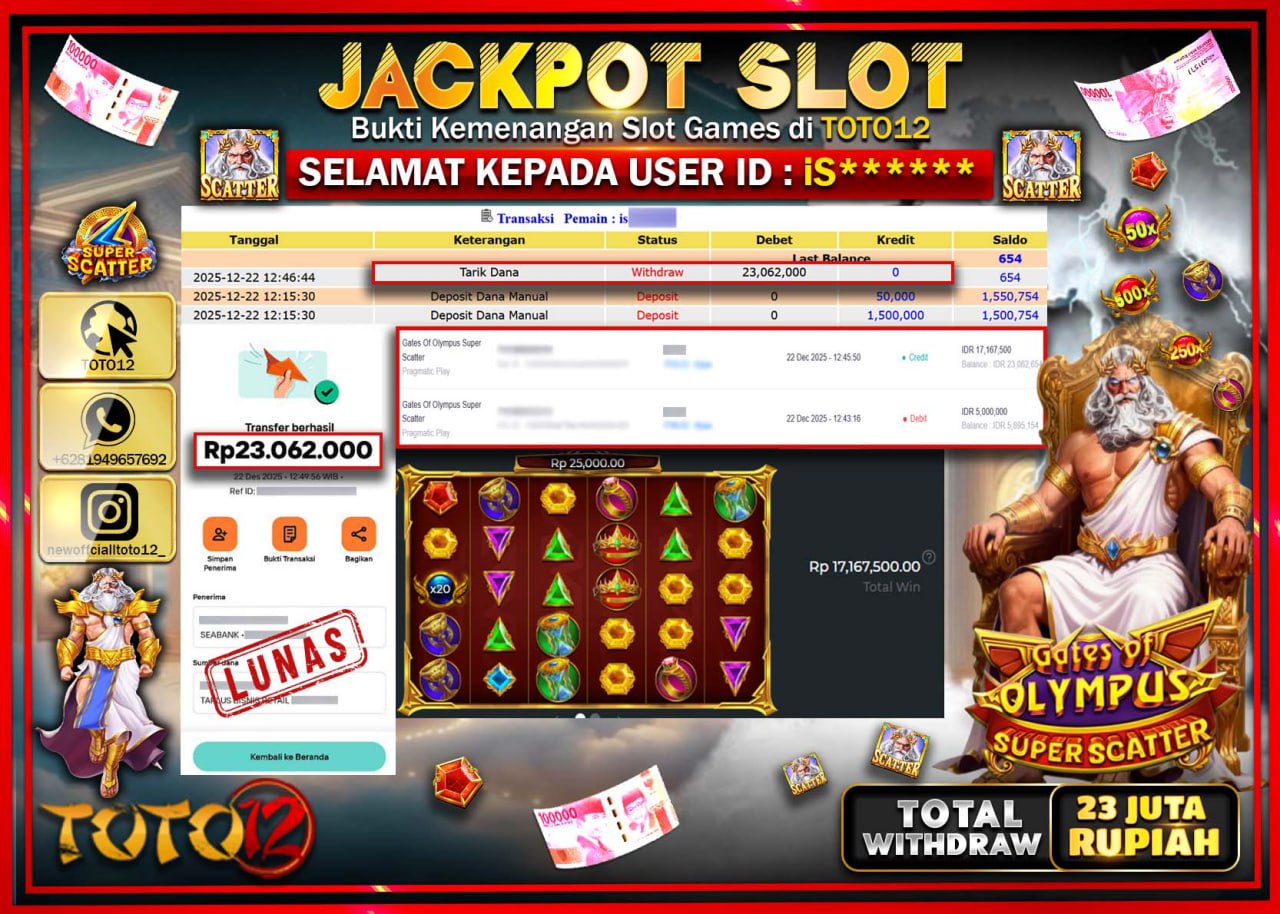 HANYA DI TOTO12 JP PASTI DI BAYAR LUNAS DAN CEPAT!!!!!! JACKPOT SLOT GAME (GATES OF OLYMPUS SUPER SCATTER) Rp.23.062.000 !!!!