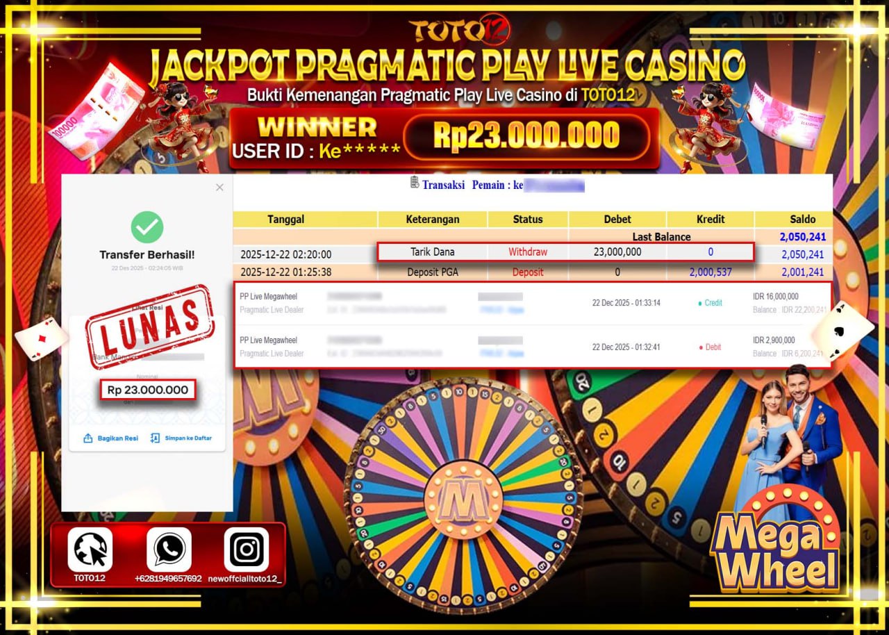 HANYA DI TOTO12 JP PASTI DI BAYAR LUNAS DAN CEPAT!!!!!! JACKPOT PRAGMATIC PLAY LIVE CASINO (MEGA WHEEL) Rp.23.000.000 !!!!