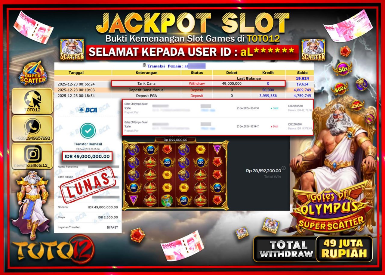 HANYA DI TOTO12 JP PASTI DI BAYAR LUNAS DAN CEPAT!!!!!! JACKPOT SLOT GAME (GATES OF OLYMPUS SUPER SCATTER) Rp.49.000.000 !!!!