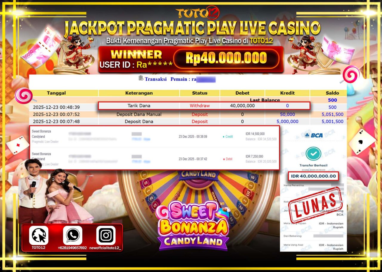 HANYA DI TOTO12 JP PASTI DI BAYAR LUNAS DAN CEPAT!!!!!! JACKPOT PRAGMATIC PLAY LIVE CASINO (SWEET BONANZA CANDY LAND) Rp.40.000.000 !!!!