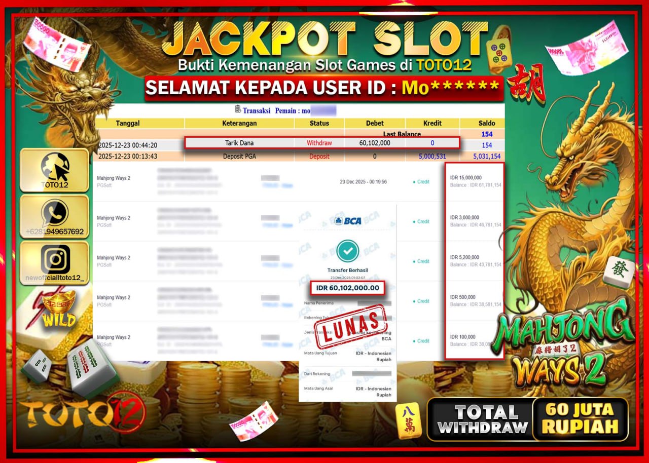HANYA DI TOTO12 JP PASTI DI BAYAR LUNAS DAN CEPAT!!!!!! JACKPOT SLOT GAME (MAHJONG WAYS 2) Rp.60.102.000 !!!!