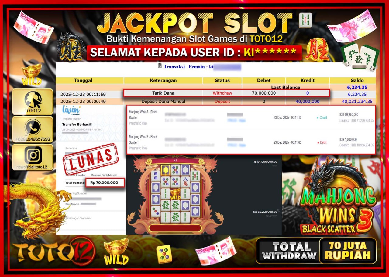 HANYA DI TOTO12 JP PASTI DI BAYAR LUNAS DAN CEPAT!!!!!! JACKPOT SLOT GAME (MAHJONG WINS 3 BLACK SCATTER) Rp.70.000.000 !!!!