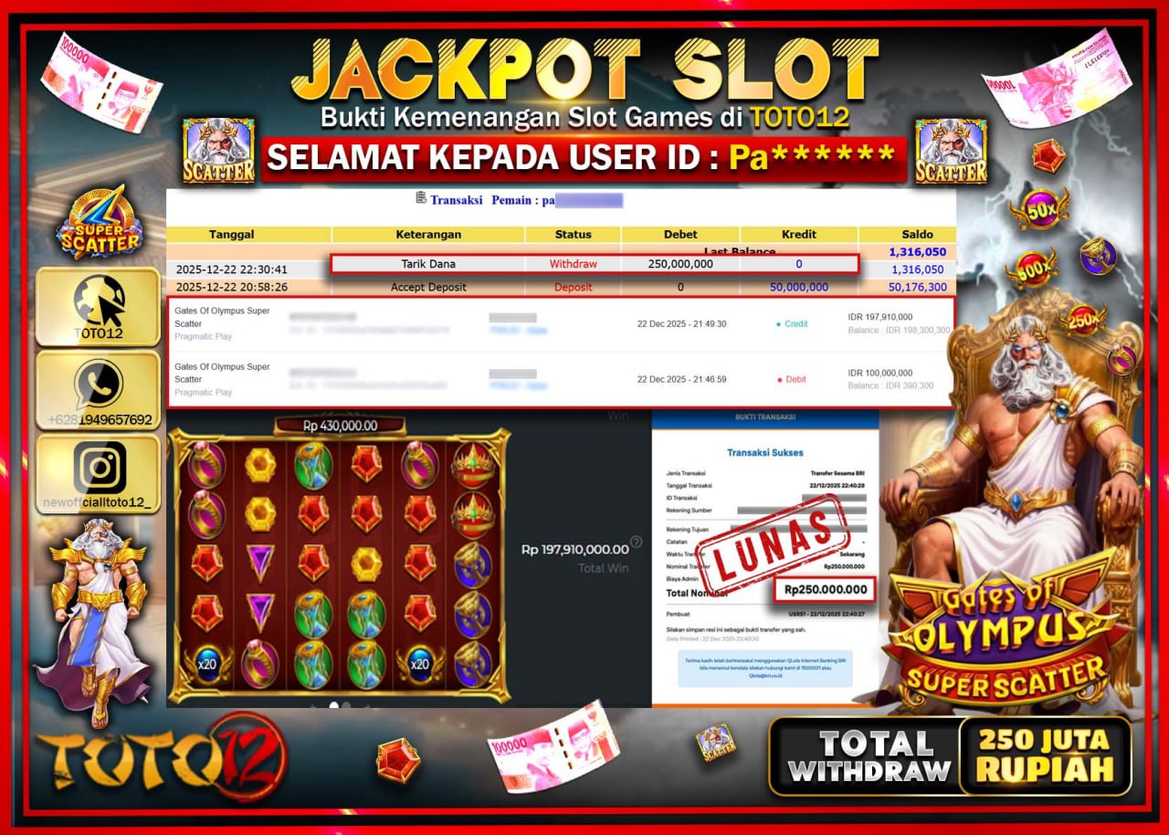 HANYA DI TOTO12 JP PASTI DI BAYAR LUNAS DAN CEPAT!!!!!! JACKPOT SLOT GAME (GATES OF OLYMPUS SUPER SCATTER) Rp.250.000.000 !!!!