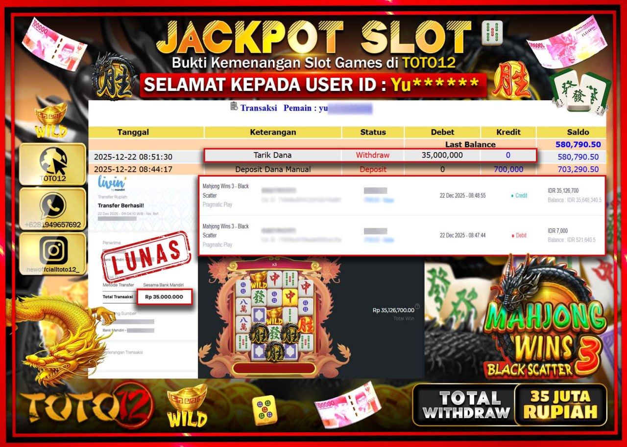 HANYA DI TOTO12 JP PASTI DI BAYAR LUNAS DAN CEPAT!!!!!! JACKPOT SLOT GAME (MAHJONG WINS 3 BLACK SCATTER) Rp.35.000.000 !!!!