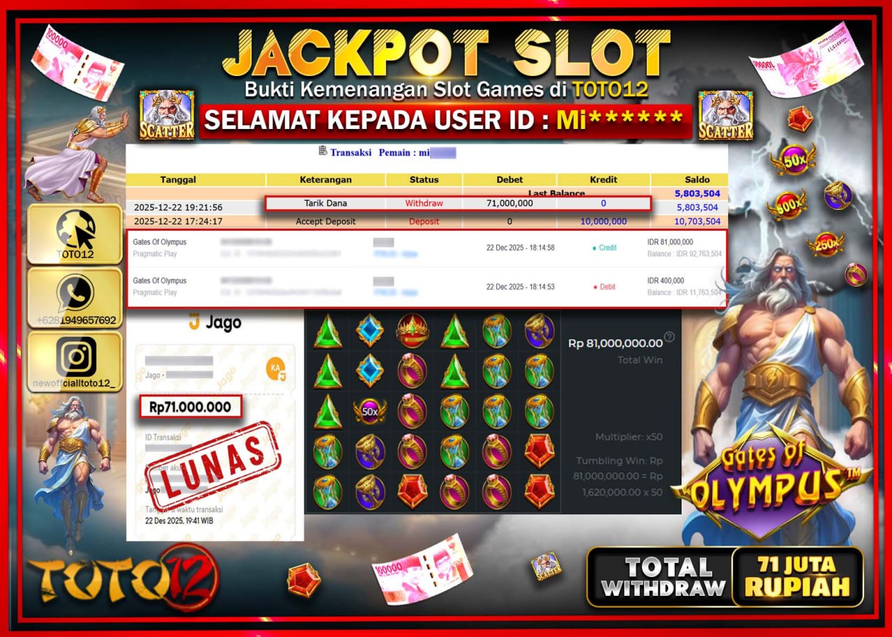 HANYA DI TOTO12 JP PASTI DI BAYAR LUNAS DAN CEPAT!!!!!! JACKPOT SLOT GAME (GATES OF OLYMPUS) Rp.71.000.000 !!!!